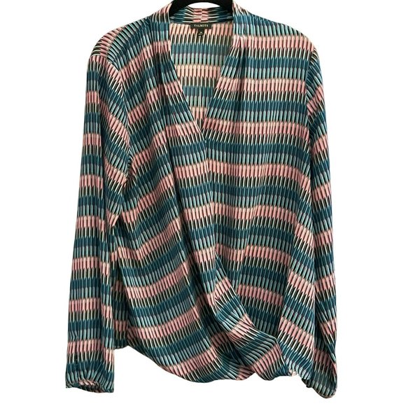 Talbots Women's Geometric V Neck Blouse Size 14 Long Sleeve Snap Closure Pink - Picture 1 of 3